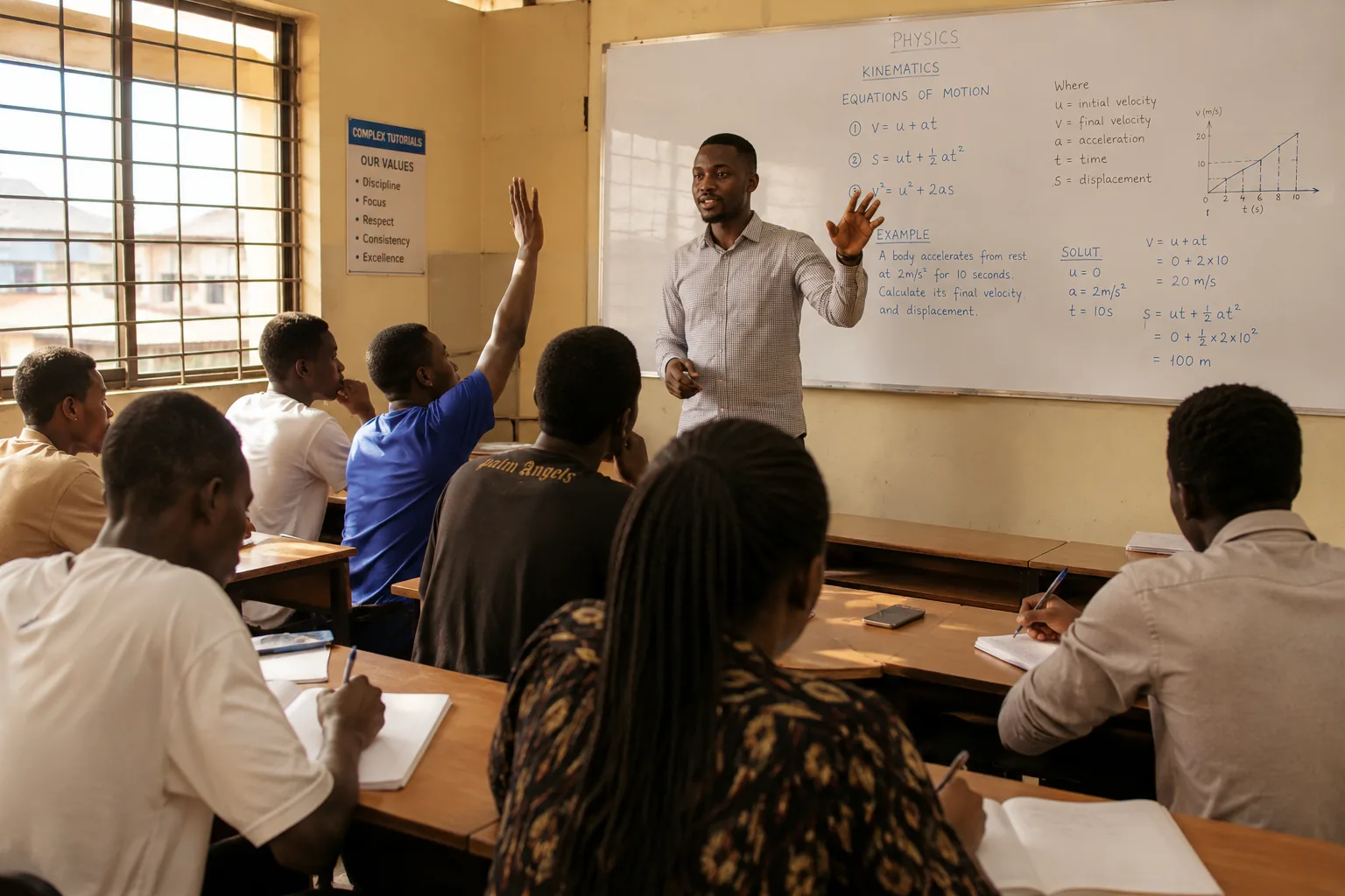 A physics tutor teaching equations of motion to a full tutorial class