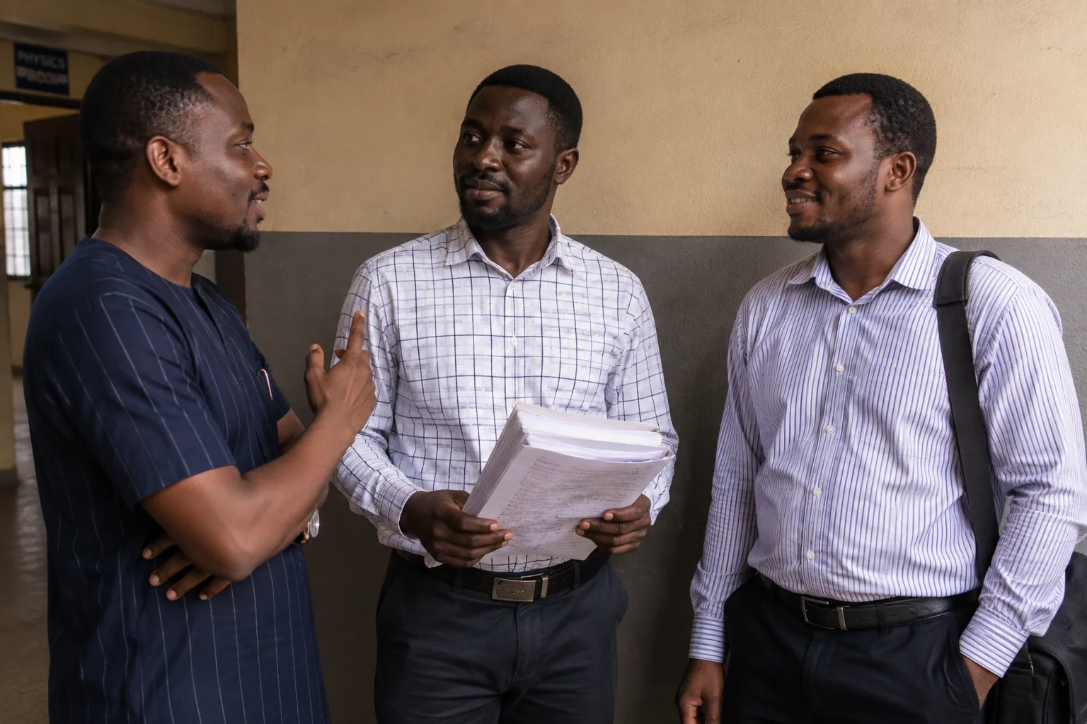 Three lecturers talking in a university corridor